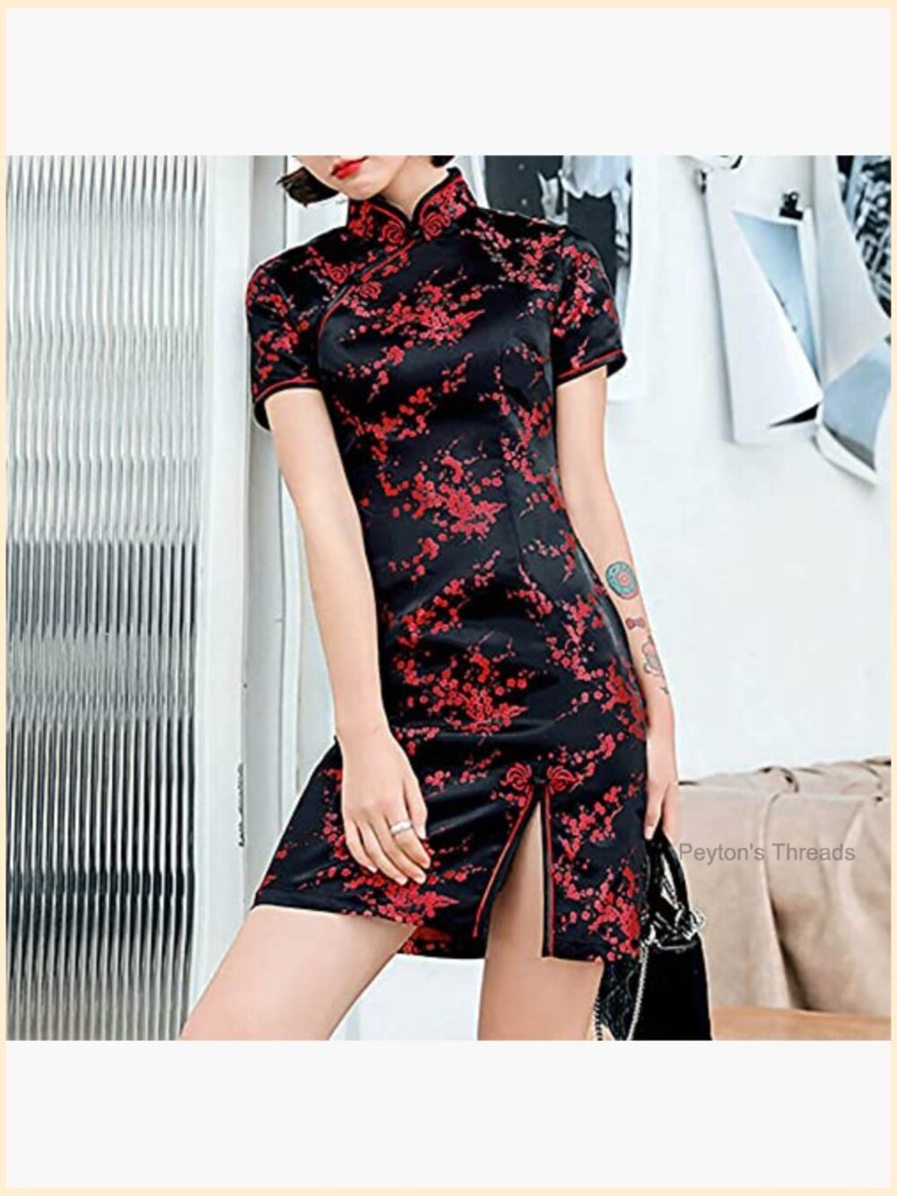 Cheongsam Dress Side Slit Mandarin Collar Floral Print Bodycon Cocktail - Picture 3 of 4